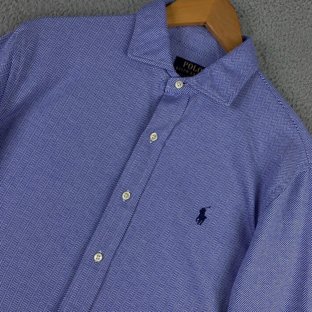 Polo Ralph Lauren Dress Shirt Mens Medium Blue Herringbone Knit Long Sleeve Pony